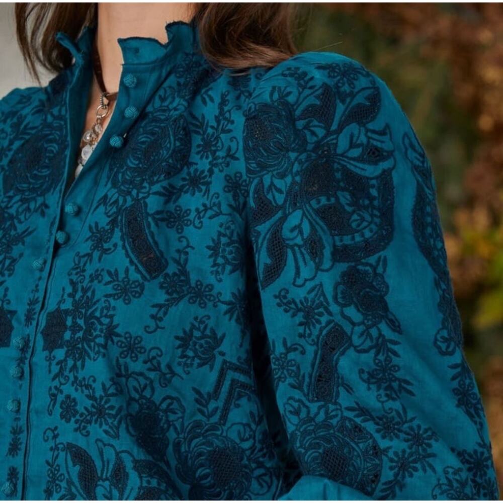 Sundance Teal & Black Floral Button-Front Blouse - Picture 2 of 11